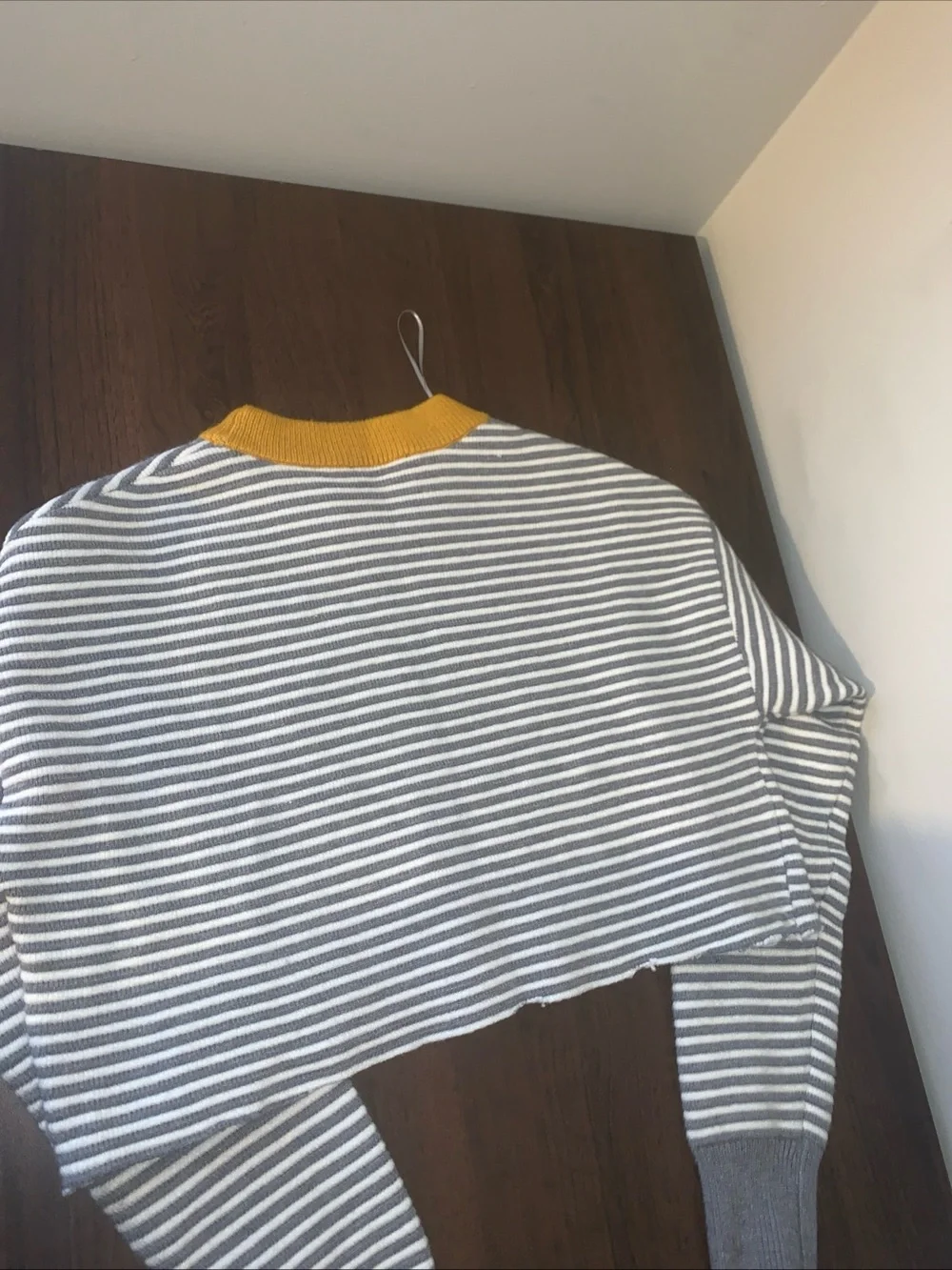 Striped Gray & White Crewneck with Mustard Rib Collar